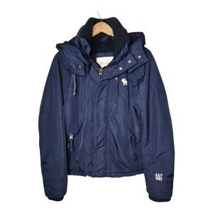 Y2K Abercrombie Fitch Jacket Moose Logo Hooded Mens Medium Navy Blue